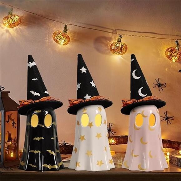 Set of 3 Ceramic Halloween Ghosts - Indoor‎ Decor with Witch Hats for Fall - Picture 7 of 7